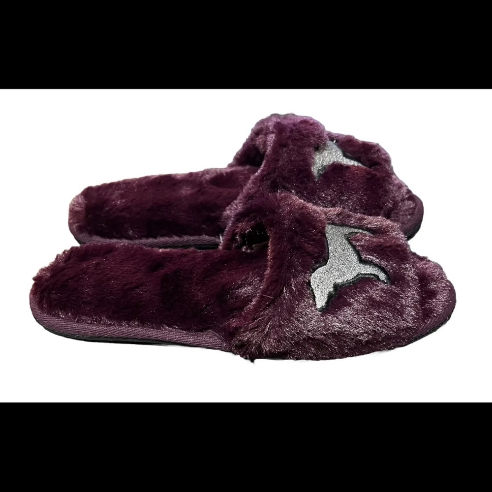 Victoria Secret Pink Slides Womens Size 5-6 Purple Dog Logo Fuzzy Plush Slippers